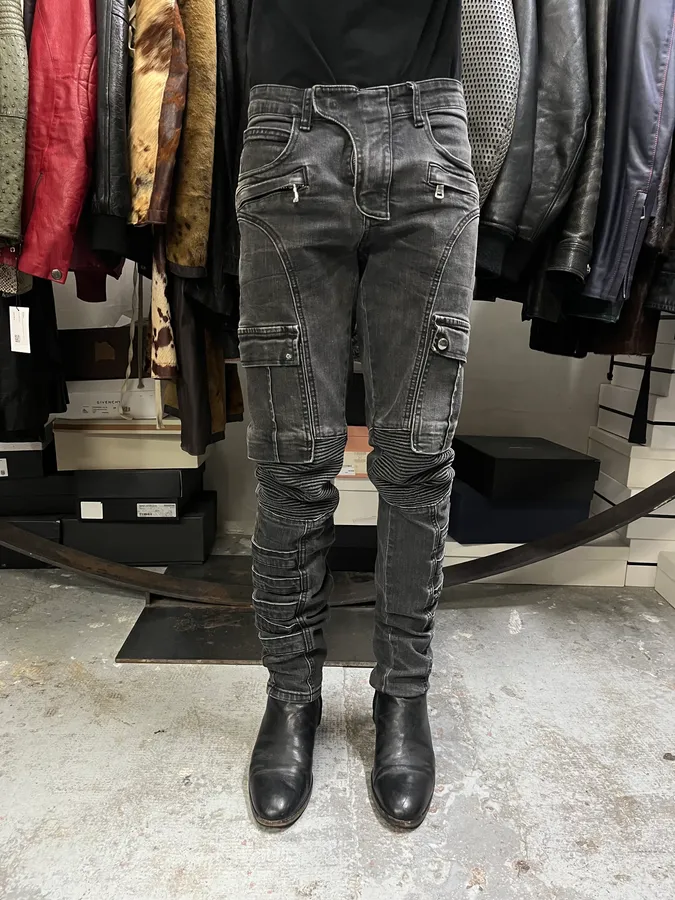 Balmain Grey Contemporary Biker Denim Jeans - Image 2