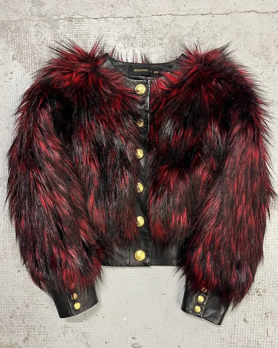 Balmain H&M Bordeaux & Black Faux Fur Gold Button Jacket