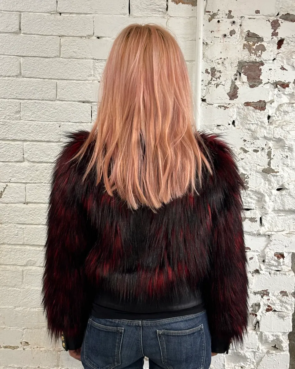 Balmain H&M Bordeaux & Black Faux Fur Gold Button Jacket - Image 3