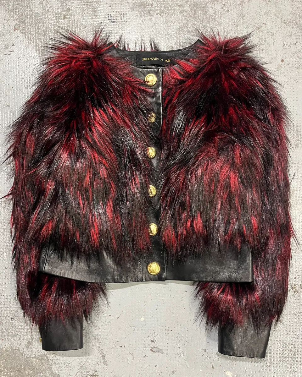 Balmain H&M Bordeaux & Black Faux Fur Gold Button Jacket - Image 4