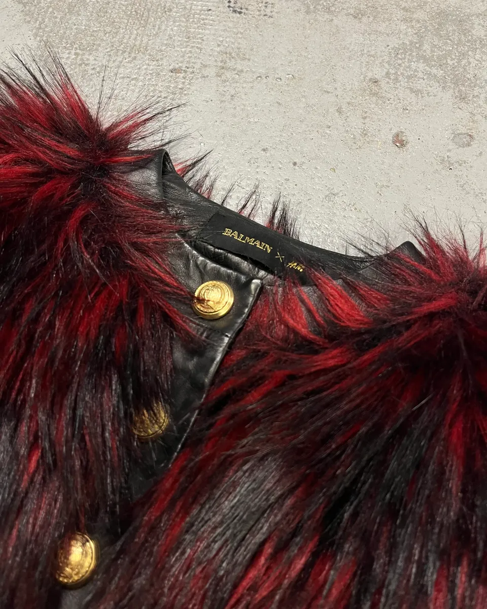 Balmain H&M Bordeaux & Black Faux Fur Gold Button Jacket - Image 5