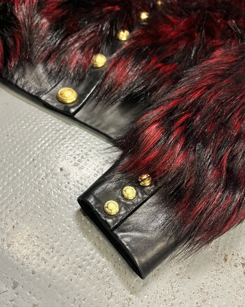 Balmain H&M Bordeaux & Black Faux Fur Gold Button Jacket - Image 6