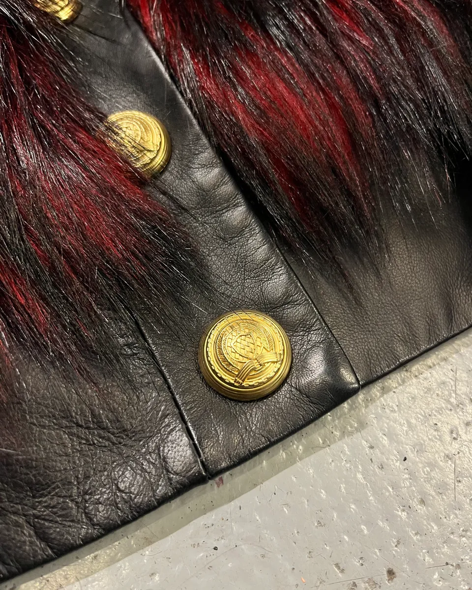 Balmain H&M Bordeaux & Black Faux Fur Gold Button Jacket - Image 7