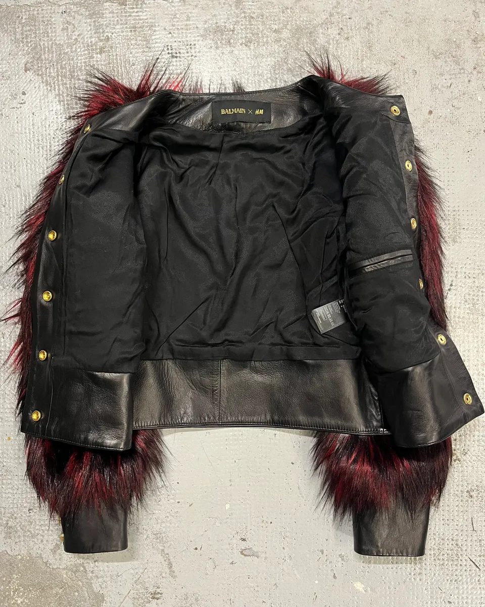 Balmain H&M Bordeaux & Black Faux Fur Gold Button Jacket - Image 8