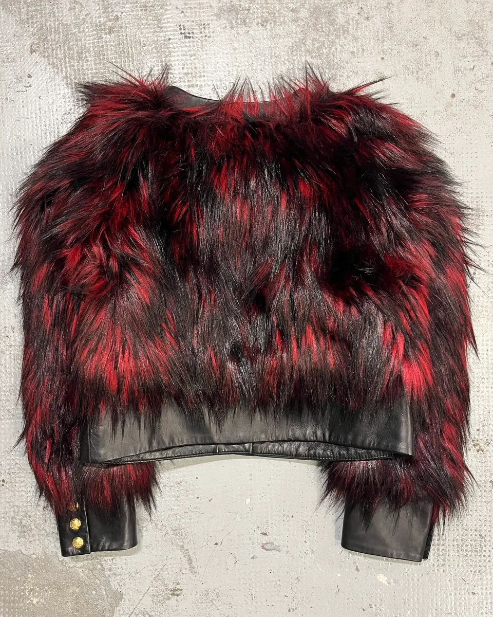 Balmain H&M Bordeaux & Black Faux Fur Gold Button Jacket - Image 9