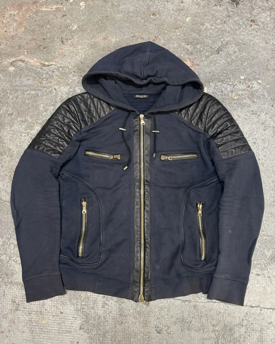 Balmain Multi Zips Navy Blue Padded Leather Biker Sweater
