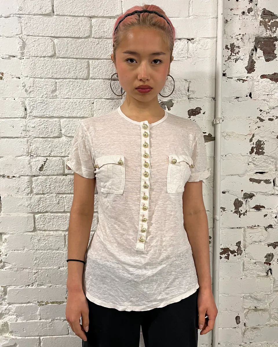 Balmain White Military Buttoned T-Shirt - Image 2