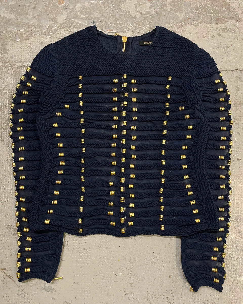 Balmain X H&M Navy Textured Gold Studded Cropped Sweater - Image 3