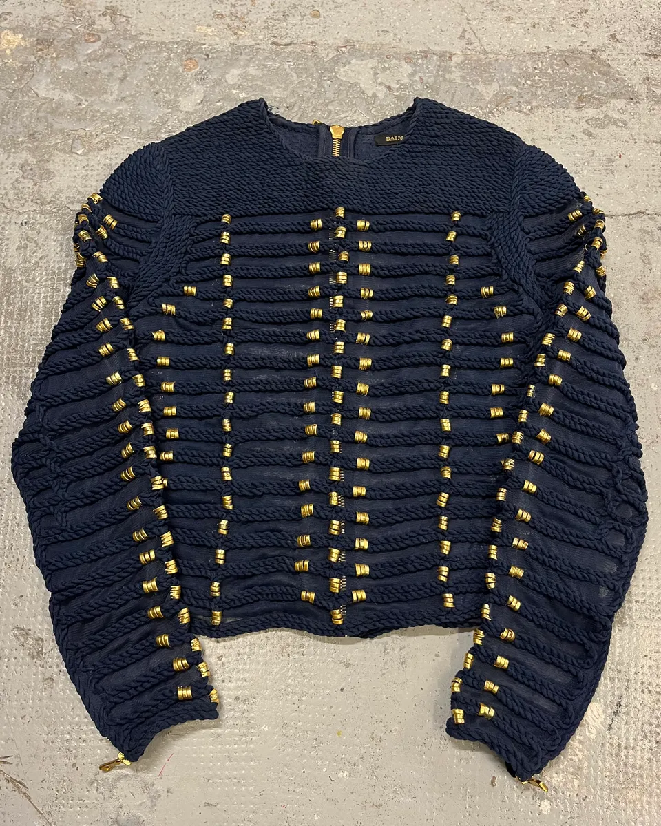 Balmain X H&M Navy Textured Gold Studded Cropped Sweater - Image 4
