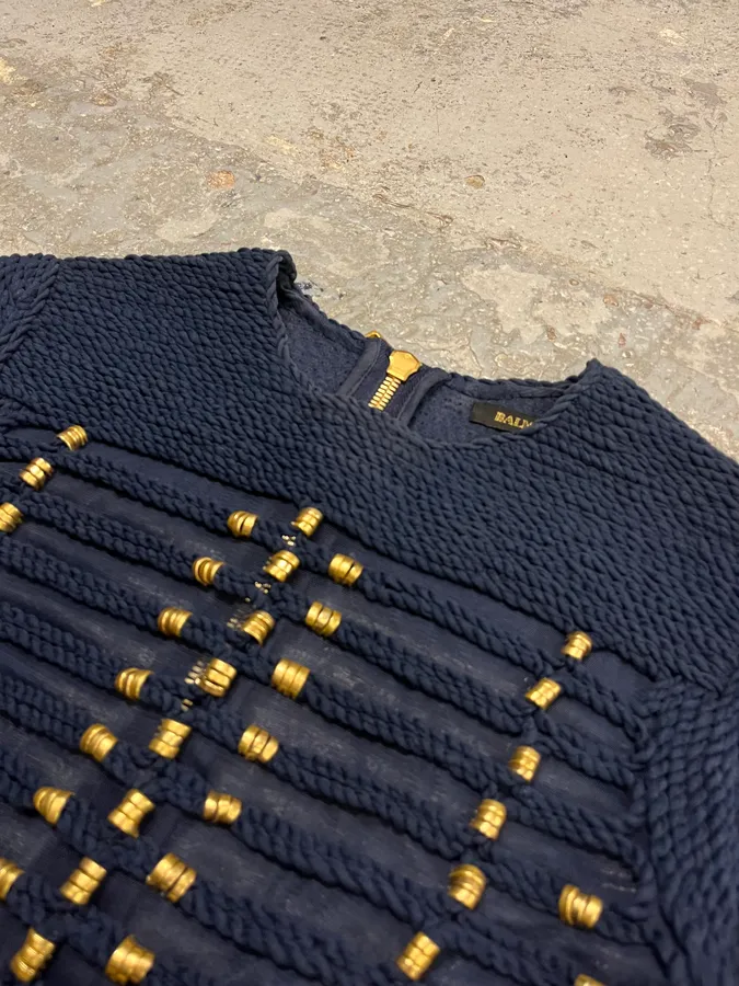 Balmain X H&M Navy Textured Gold Studded Cropped Sweater - Image 5