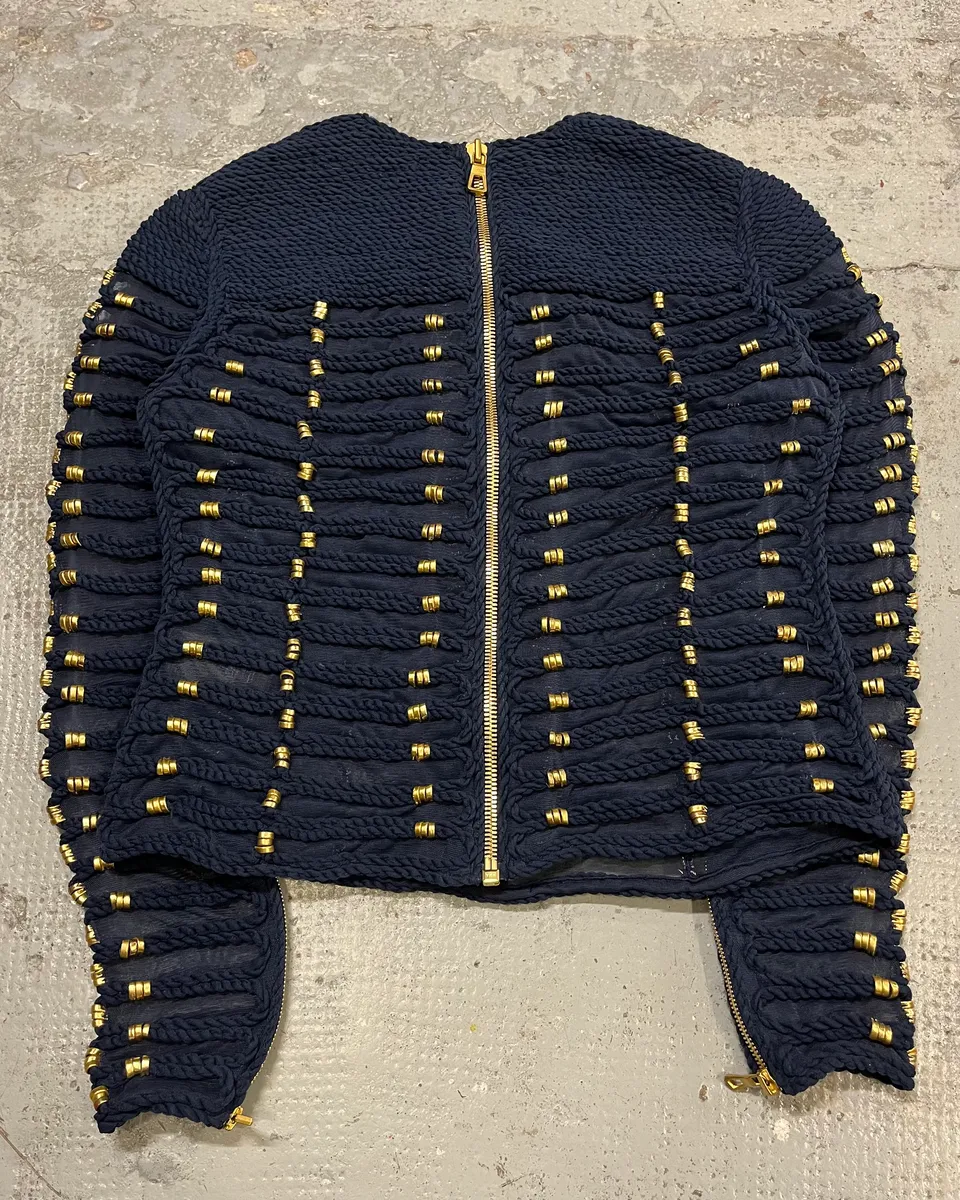 Balmain X H&M Navy Textured Gold Studded Cropped Sweater - Image 7