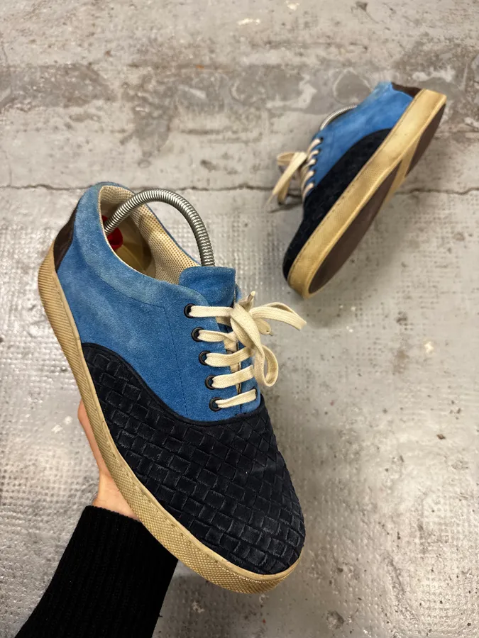 Bottega Veneta Blue Intrecciato Contrast Suede Low Sneakers