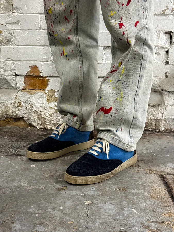 Bottega Veneta Blue Intrecciato Contrast Suede Low Sneakers - Image 3
