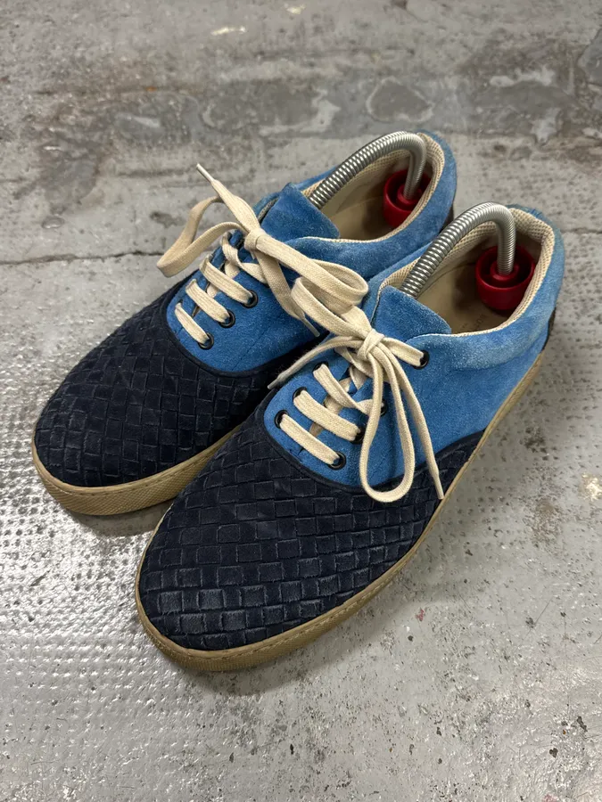 Bottega Veneta Blue Intrecciato Contrast Suede Low Sneakers - Image 5