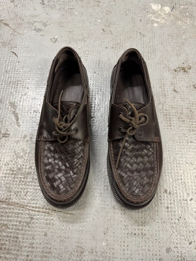 Bottega Veneta Brown Woven Leather Boat Loafers - Image 3