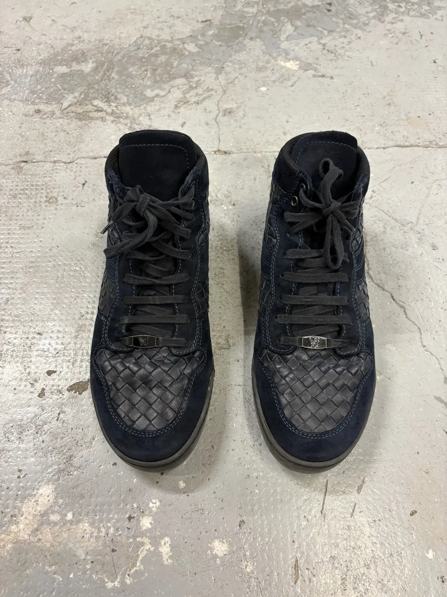 Bottega Veneta Navy Woven Leather Sneakers - Image 3