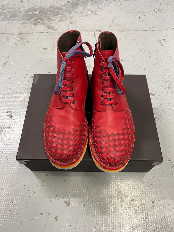 Bottega Veneta Red Intrecciato Woven Leather Lace-Up Boots - Image 4