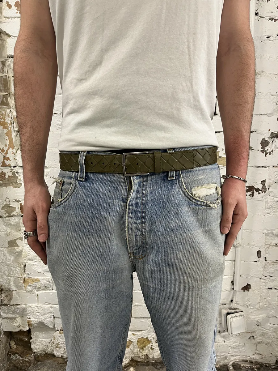 Bottega Venetta Woven Leather Khaki Belt - Image 4