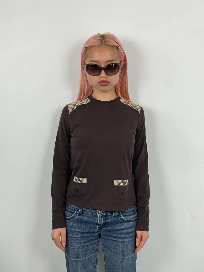 Burberry Brown Cotton Check Shoulder Panel Longsleeve T-Shirt - Image 2