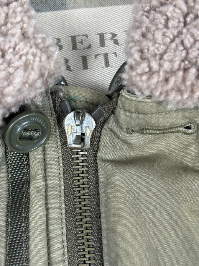 Burberry Khaki Olive Cargo Shearling Collar Bomber Jacket - Image 13