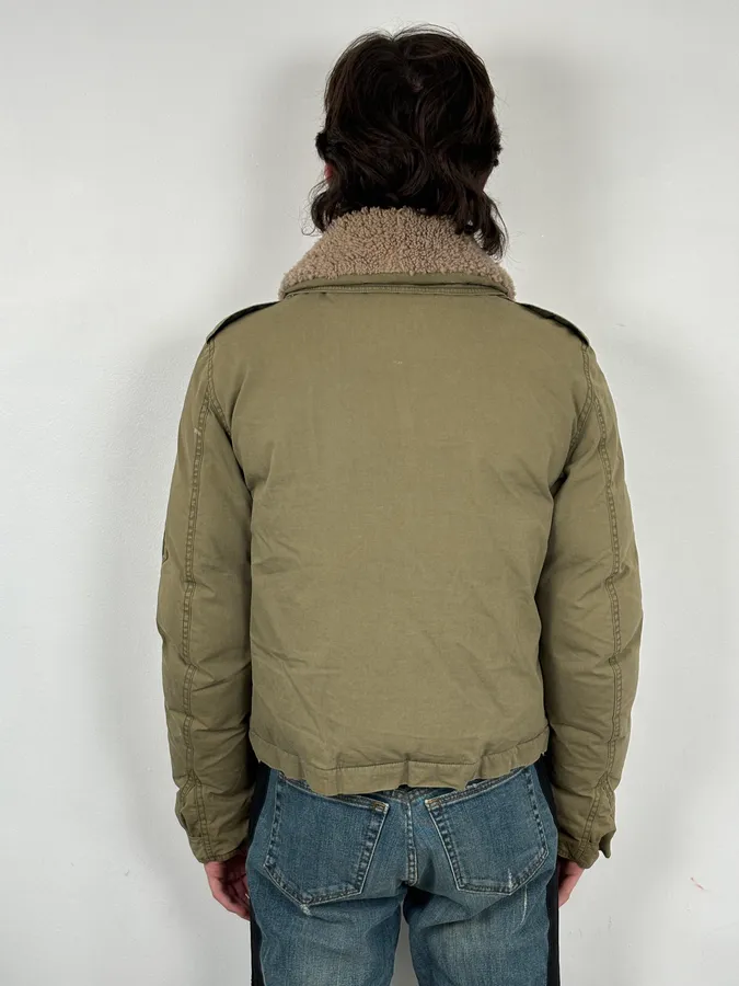 Burberry Khaki Olive Cargo Shearling Collar Bomber Jacket - Image 3