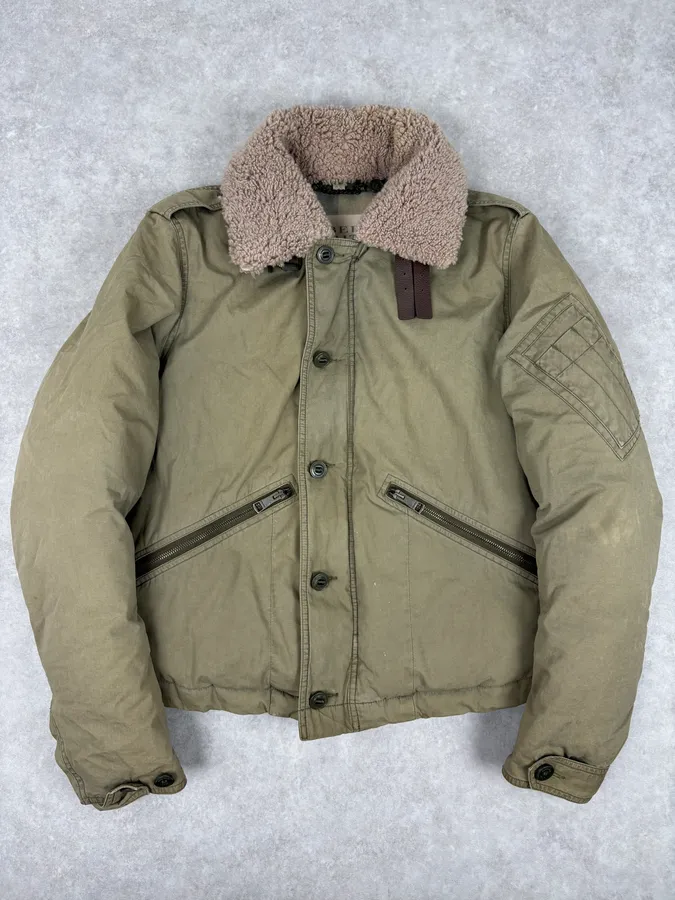 Burberry Khaki Olive Cargo Shearling Collar Bomber Jacket - Image 5