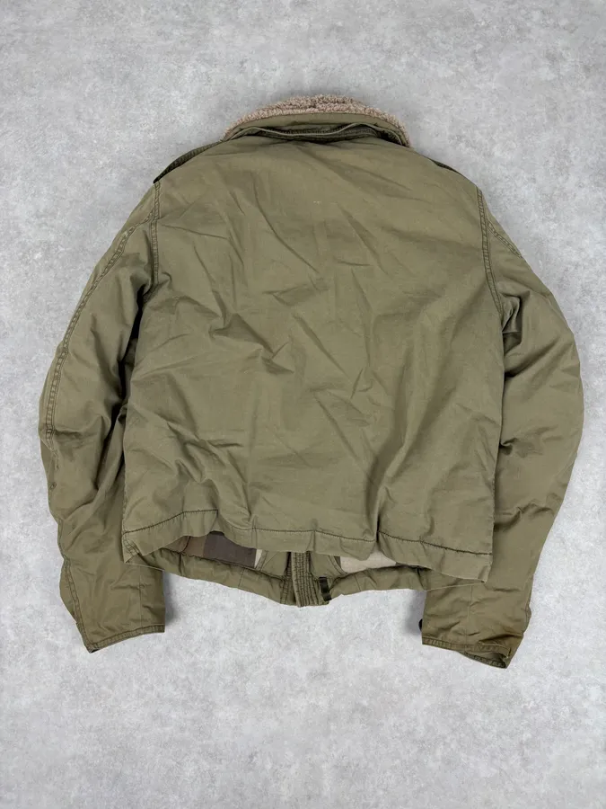 Burberry Khaki Olive Cargo Shearling Collar Bomber Jacket - Image 7