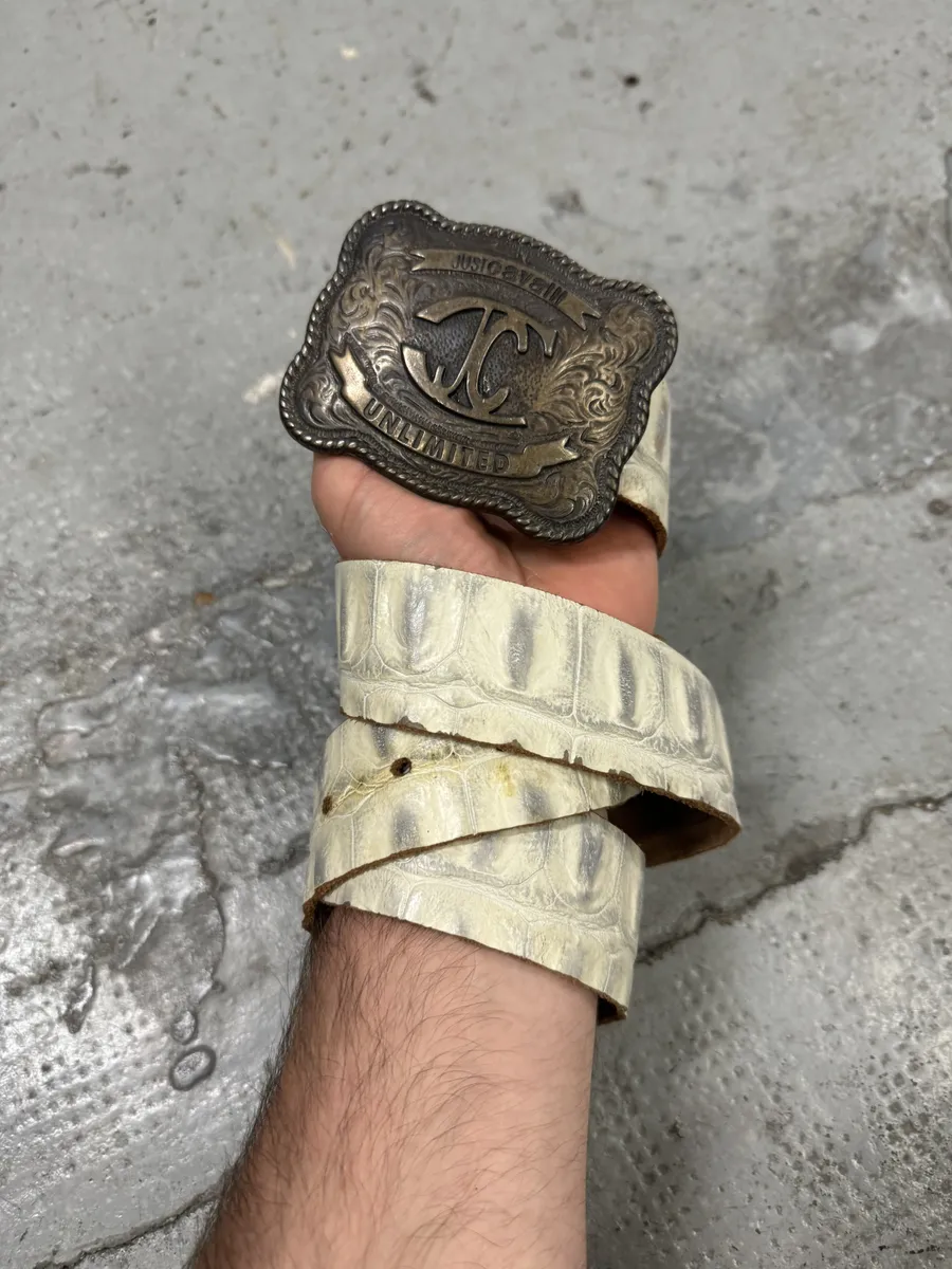 Cavalli White Creamy Crocodile Effect Leather Belt - Image 3