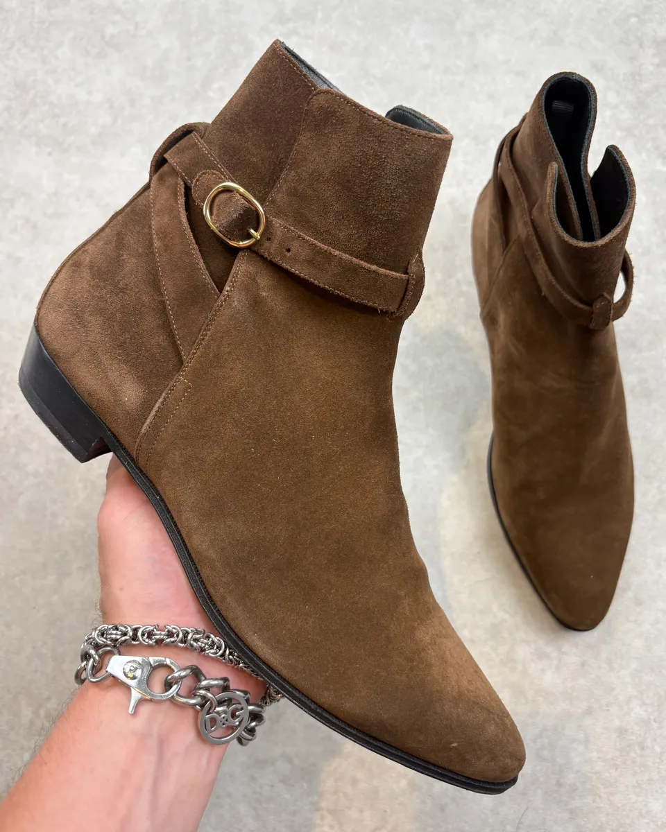 Celine Tan Brown Suede Ring Buckle Boots by Hedi Slimane