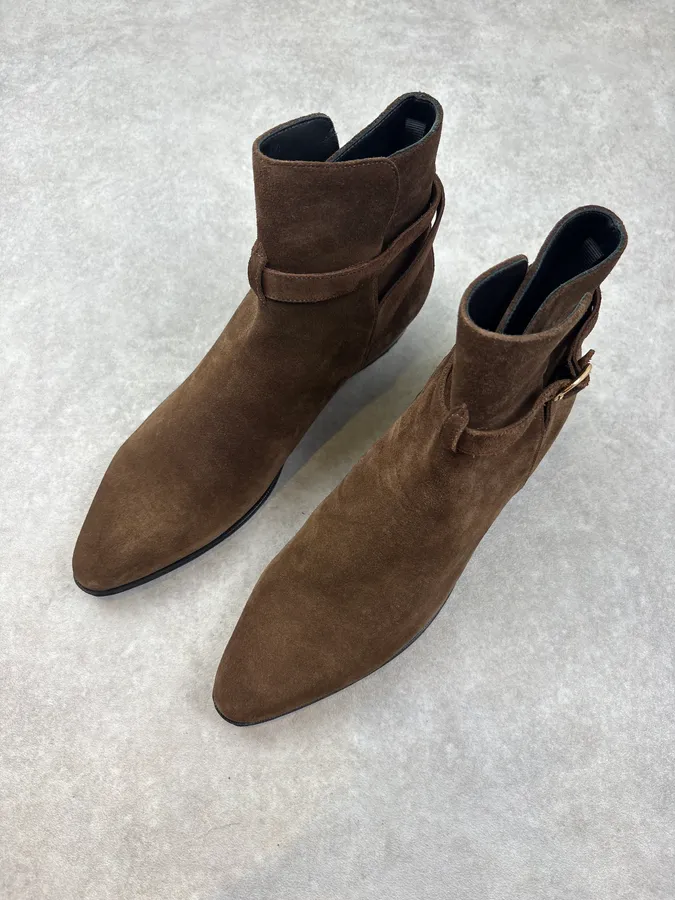 Celine Tan Brown Suede Ring Buckle Boots by Hedi Slimane - Image 2