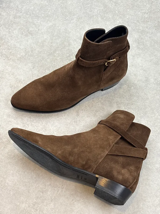 Celine Tan Brown Suede Ring Buckle Boots by Hedi Slimane - Image 6