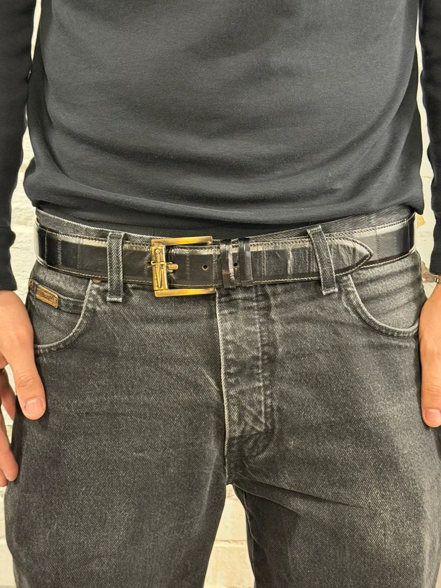 Cesare Paciotti Dagger Bronze Buckle Black Leather Belt - Image 2