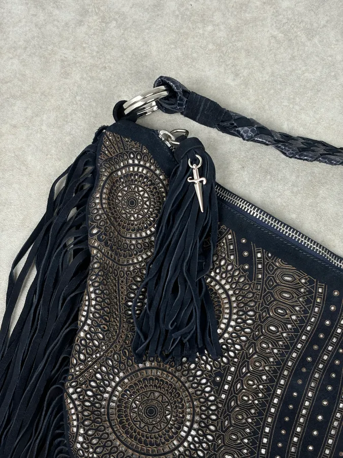 Cesare Paciotti Navy Leather Fringe Shoulder Bag - Image 7