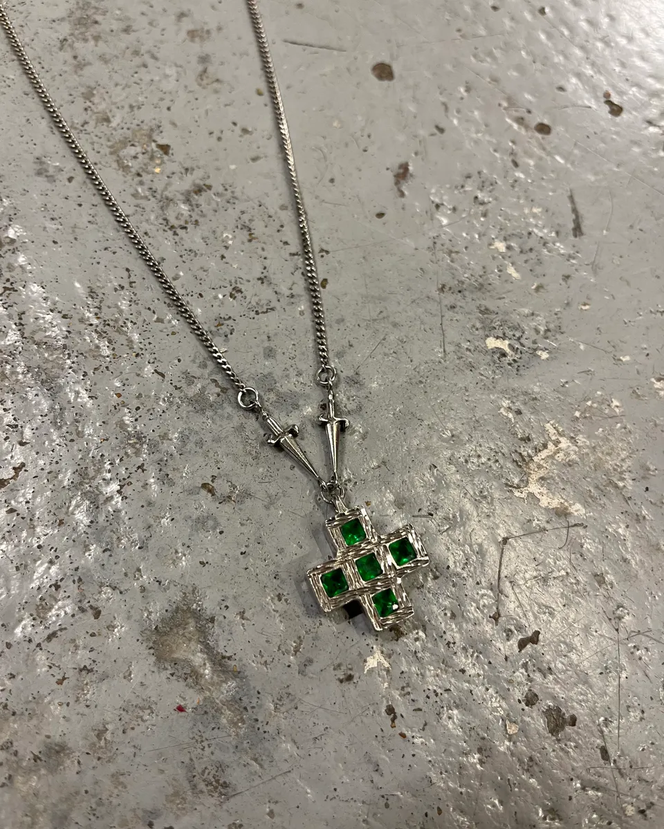 Cesare Paciotti Stainless Steel Green Stone Cross Dagger Necklace - Image 3