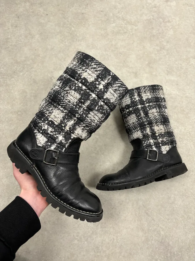 Chanel Black Leather Quilted Biker Boots