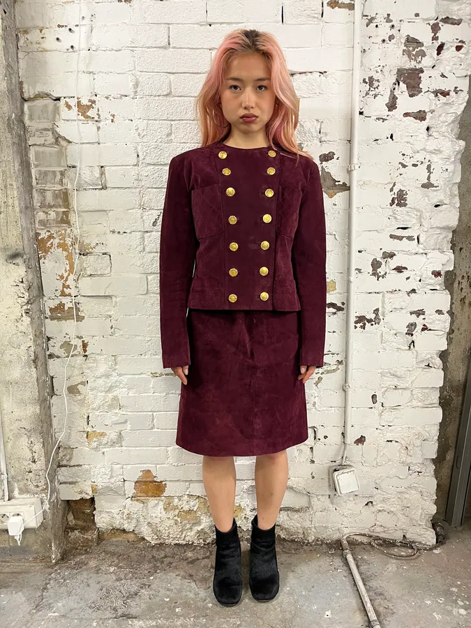 Chanel Double Breasted Bordeaux Suede Jacket & Skirt Set - Image 2