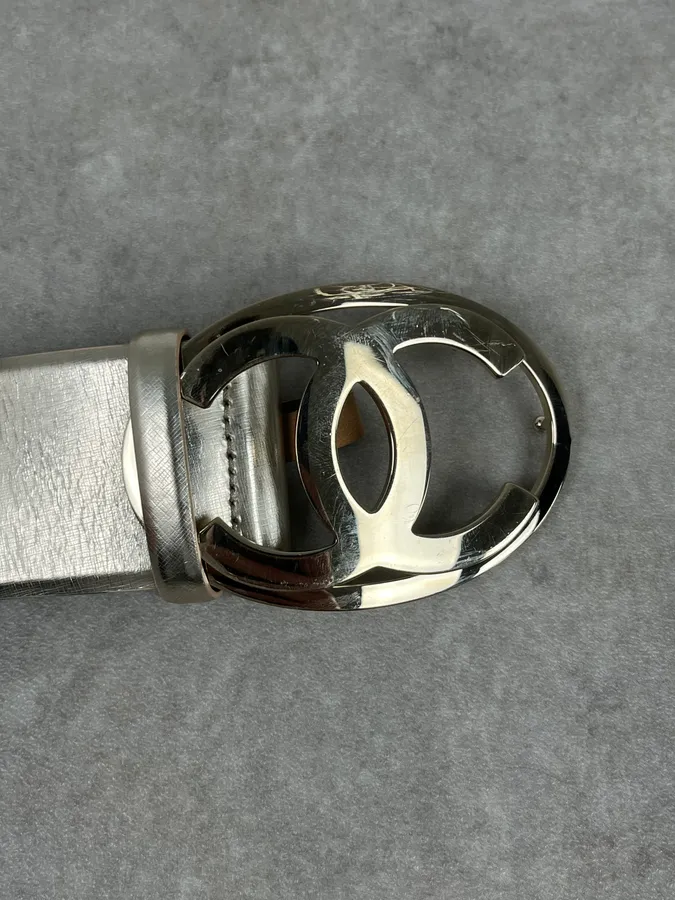 Chanel Silver Gold Leather Logo Propaganda Belt - Image 5