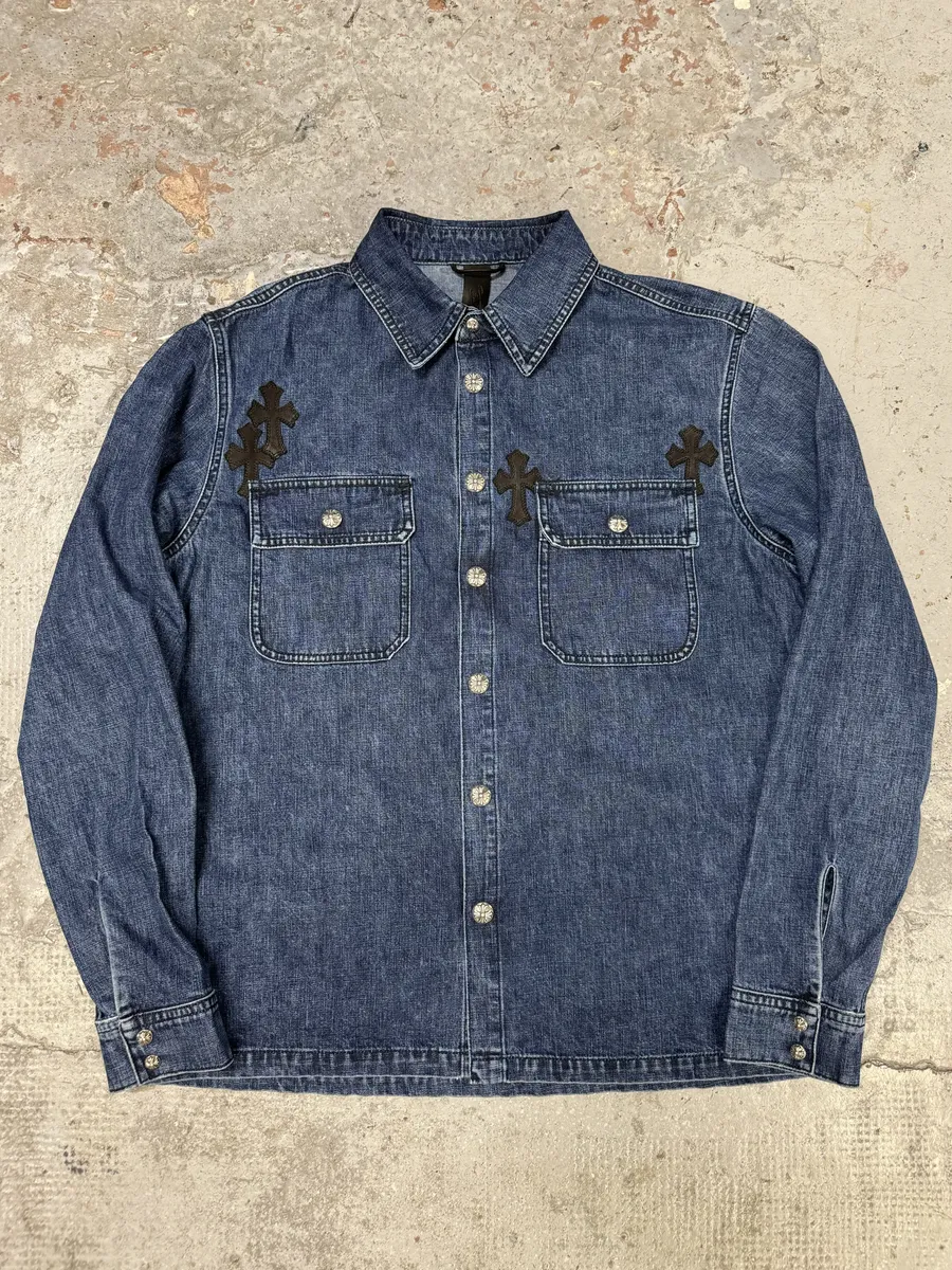 Chrome Hearts Denim Cross Leather Patchwork Shirt - Image 4