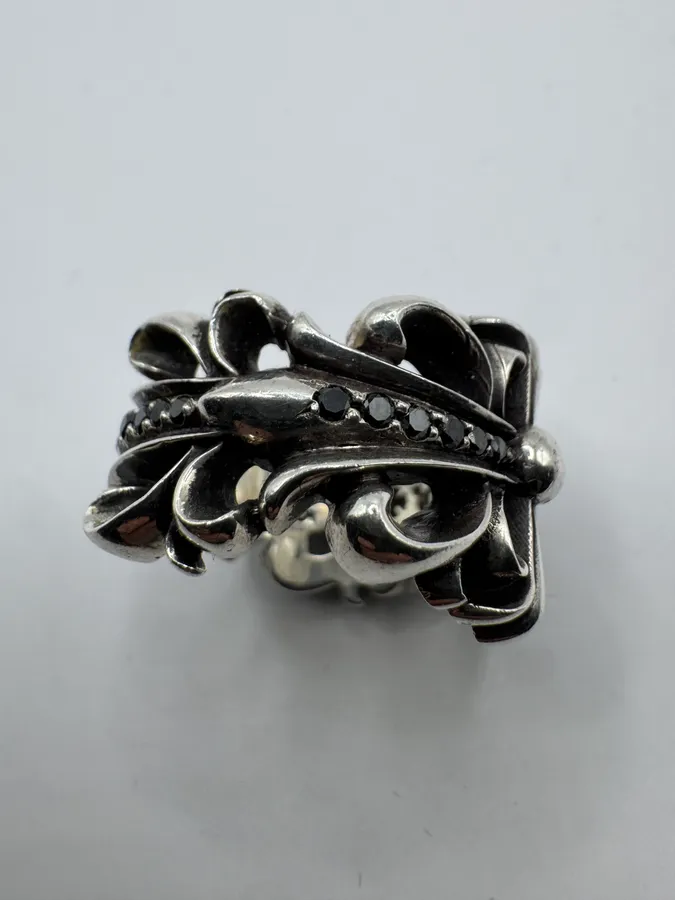 Chrome Hearts Pave Black Diamond Double Floral Silver 925 Ring - Image 4
