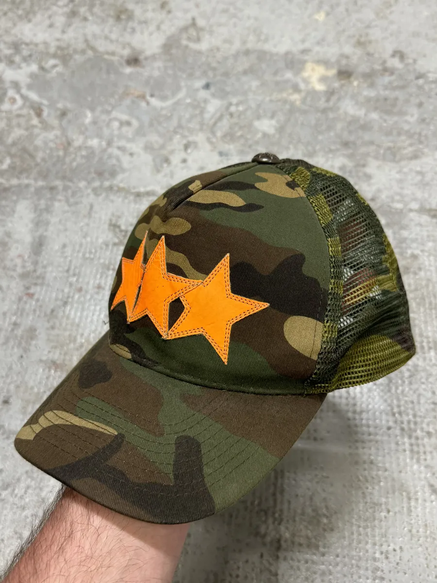 Chrome Hearts Star Leather Orange Patch Military Camo Trucker Cap - Image 7
