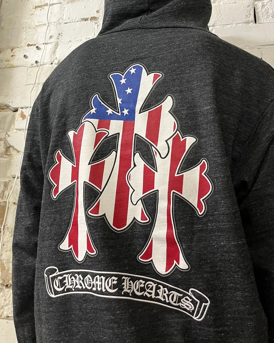 Chrome Hearts USA Flag Grey Cross Zip-up Hoodie - Image 5