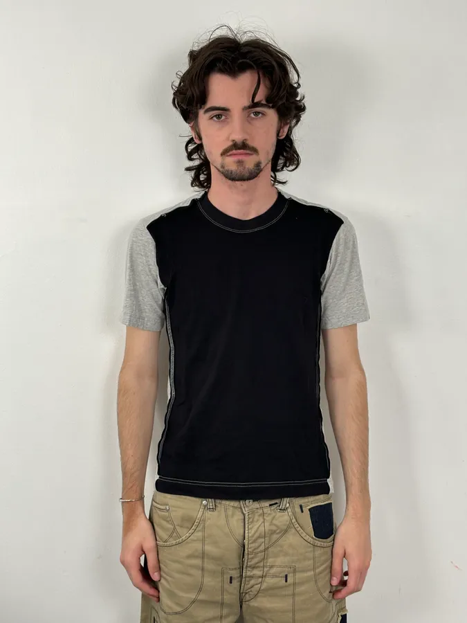 Comme des Garçons Grey Contrast Stitch T-Shirt - Image 2
