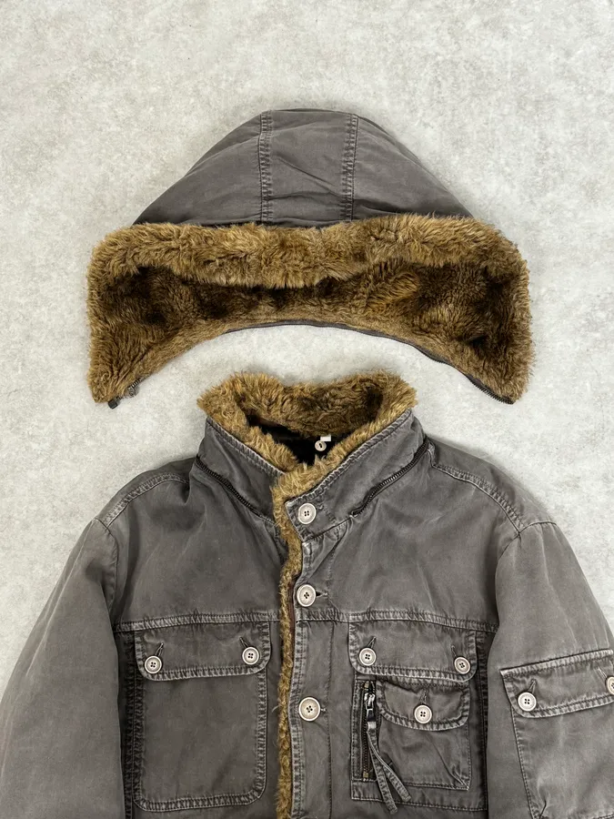 Daniele Alessandrini Grey Removable Hood Fur Cargo Jacket - Image 7