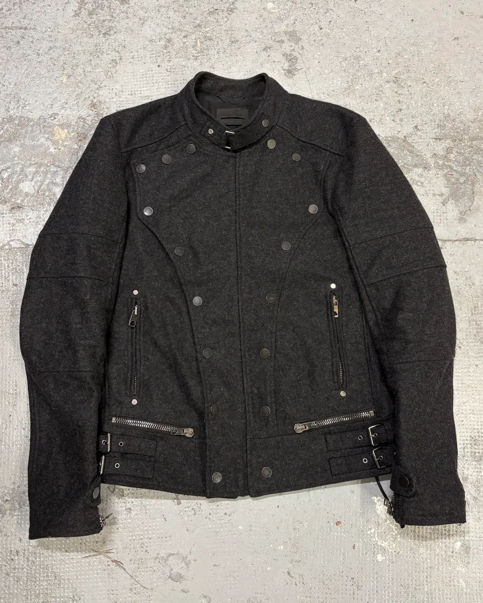 Diesel Black Gold Grey Wool Officer Buttoned Biker Jacket
