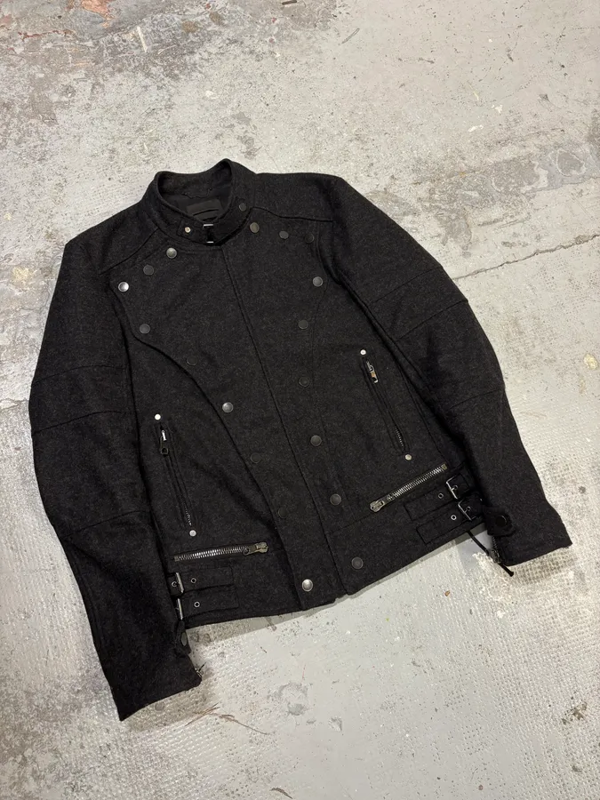 Diesel Black Gold Grey Wool Officer Buttoned Biker Jacket - Image 4