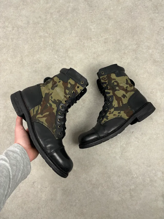 Diesel Black Leather Camouflage Military Lace-Up Boots
