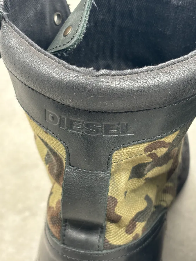 Diesel Black Leather Camouflage Military Lace-Up Boots - Image 15