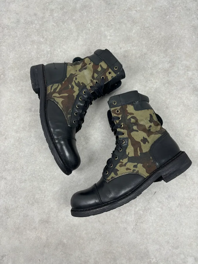 Diesel Black Leather Camouflage Military Lace-Up Boots - Image 4