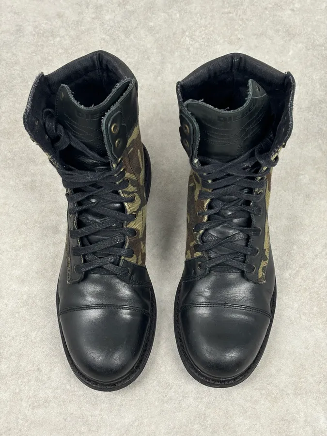 Diesel Black Leather Camouflage Military Lace-Up Boots - Image 5