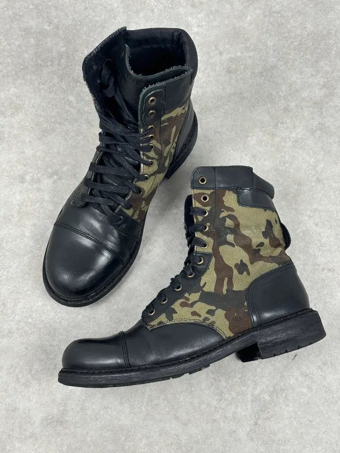 Diesel Black Leather Camouflage Military Lace-Up Boots - Image 7